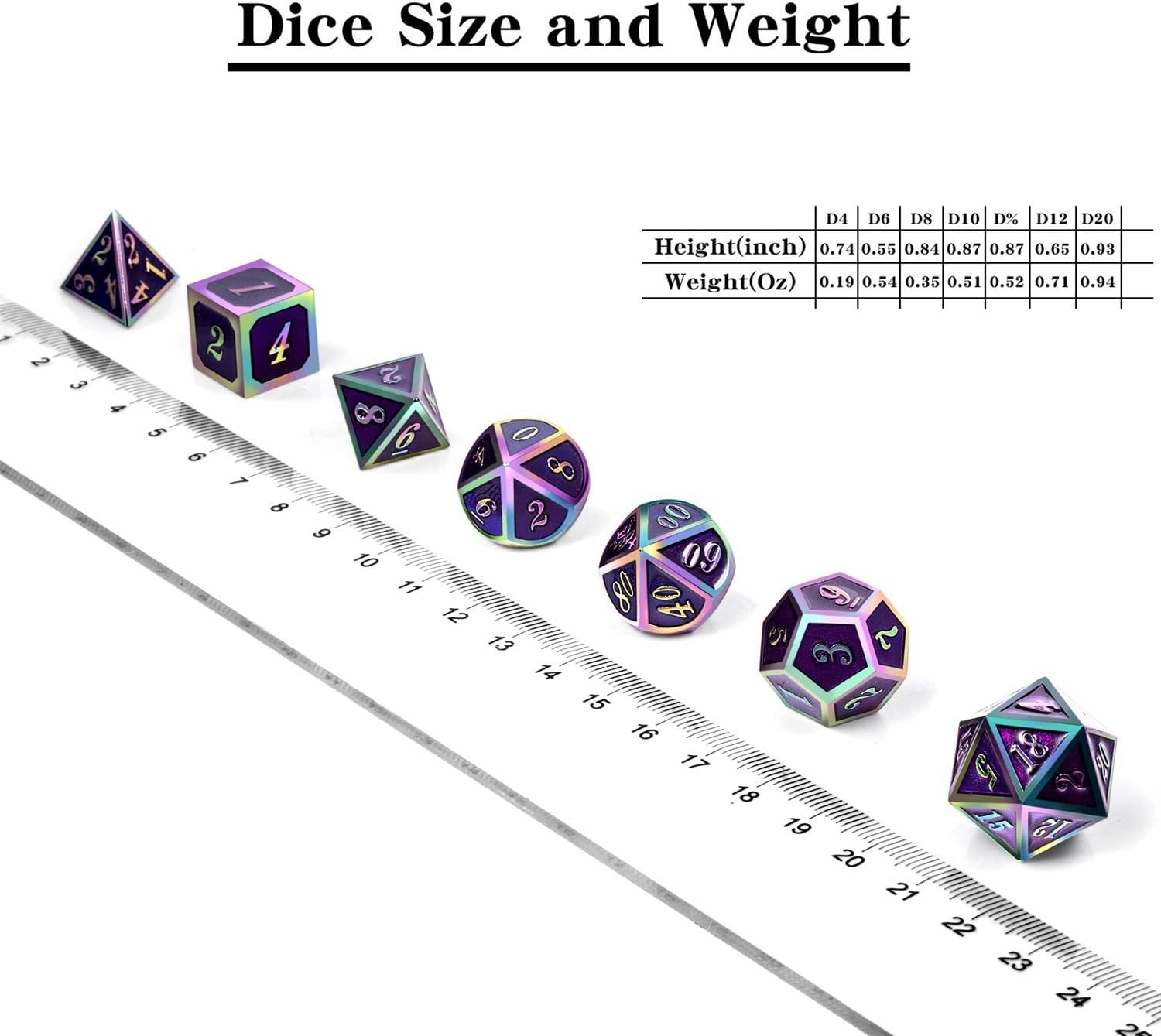 Conjunto de dados de metal 7pcs - Coloridos | RPG/D&D, Pathfinder