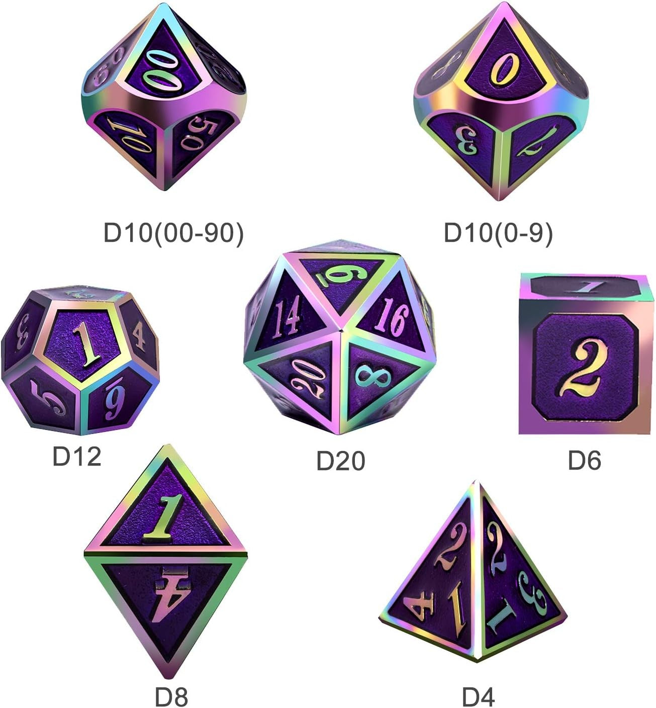 Conjunto de dados de metal 7pcs - Coloridos | RPG/D&D, Pathfinder